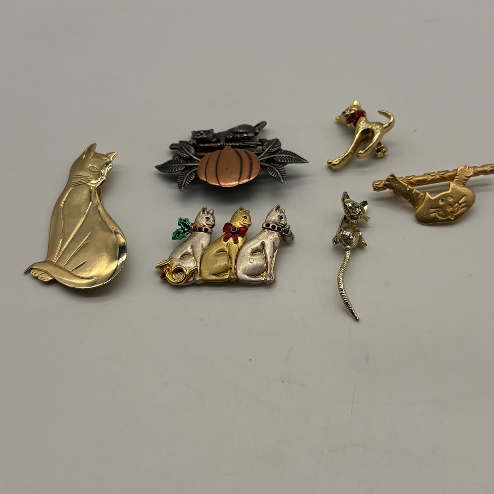 Vintage Lot of 6 Cat Brooches Gold Silver Copper Tone Feline Pumpkin Pins